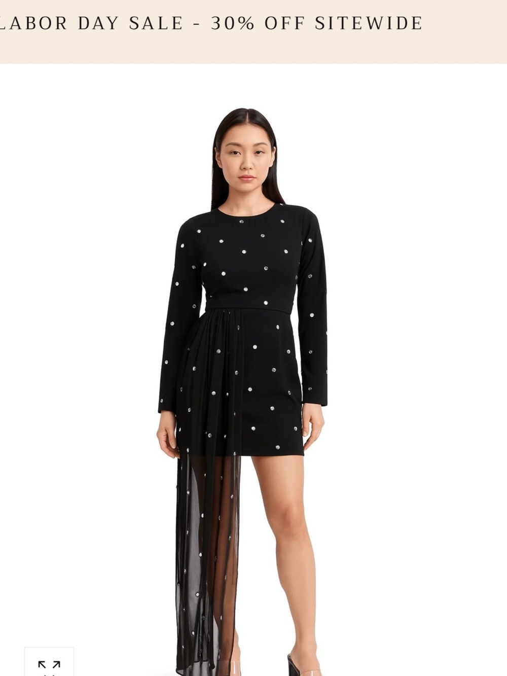 Black Asymmetric Sheer-Panel Mini Dress with Crystal Dots